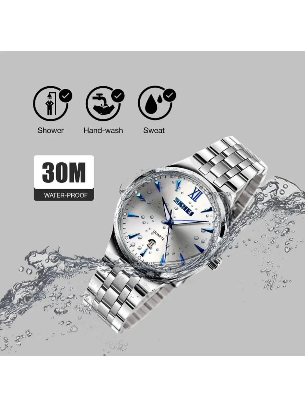 Men's Silver Blue Analog Stainless Steel Roman Numeral Waterproof Luxury Watch